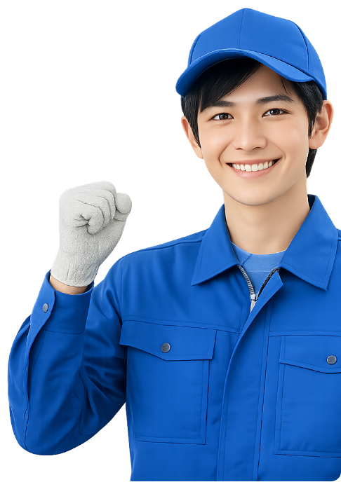 笑顔でガッツポーズをする作業服の男性スタッフの画像