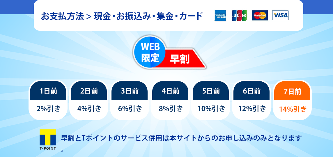 お支払いは現金お振込み、集金、クレジットカード決済がございます。WEB限定早割、Tポイントがたまります。